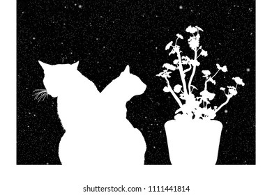Cats Near Window At Night. Vector Illustration With Silhouettes Of Kittens And Flower In Pot Under Starry Sky. Inverted Black And White
