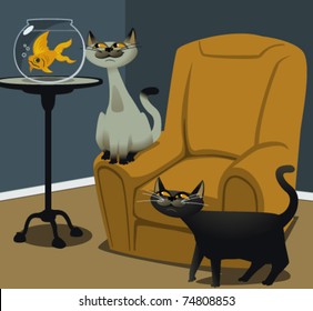 The Cats and the Nervous Goldfish Vector