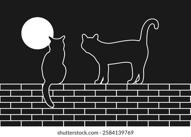 Cats at night and the moon graphic poster. Cats on brick wall graphic icon. Vector illustration