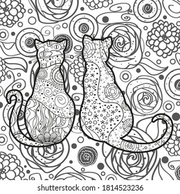 Cats on abstract square pattern. Hand drawn abstract cat. Black and white illustration for colouring