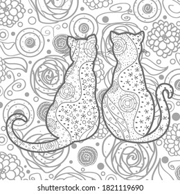 Cats on abstract square pattern. Hand drawn abstract cat. Black and white illustration for colouring