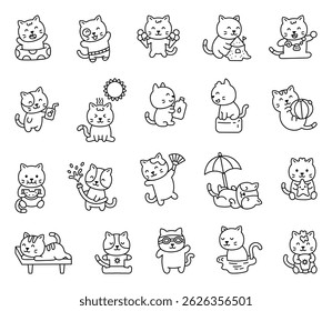 Cats on the beach in kawaii cartoon style with summer activities swimming relaxing sunbathing eating drinking and playing games