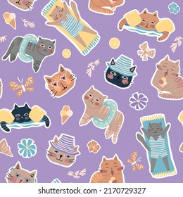 Cats on the beach on vacation. Cute childish flat illustration in purple color. Seamless vector pattern for fabrics, wallpapers, wrapping paper.