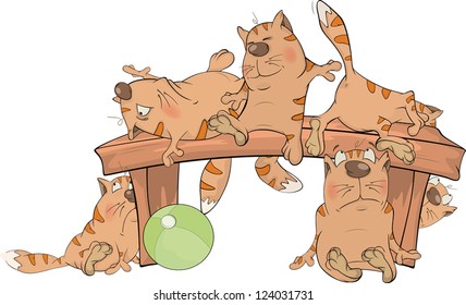 Cats on a bench. Cartoon