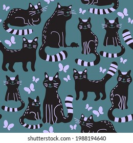 Cats on dark background. Vector illustration. Flat design elements for fabric, banner, wallpaper, gift wrap.