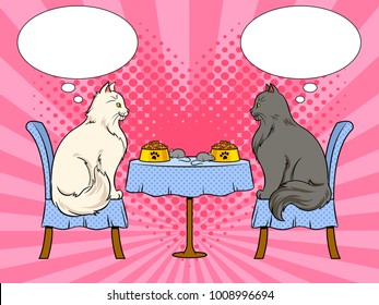 Cats on date in cat restaurant pop art retro vector illustration. Color background. Comic book style imitation.