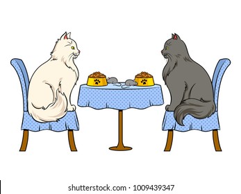 Cats on date in cat restaurant pop art retro vector illustration. Isolated image on white background. Comic book style imitation.