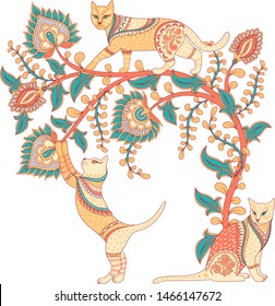 Cats on a flower branch. Indian style. Kalamkari. Isolated decorative composition. Design for t-shirts, postcards, logo, label, symbol.