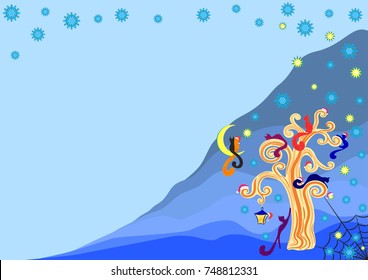 cats on a golden tree in winter, starry sky, snowflakes, vector illustration