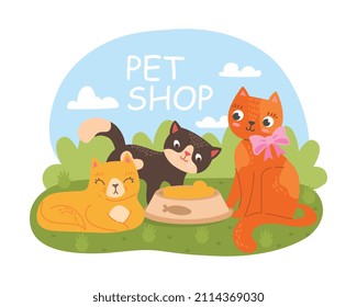 Cats on grass. Stylish design for animal kennel. Cute characters eat in nature. Comfort and convenience, care. Marketing and promotion banner for pet stores. Cartoon flat vector illustration