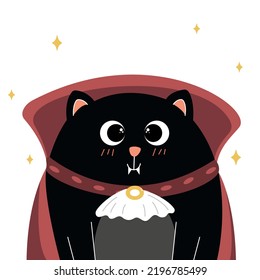 Cats On Halloween. Black Kitten In Dracula Vampire Costume, Cute Cat Celebrating Halloween, Halloween Costume, Ready Made Banner With Cat For Halloween