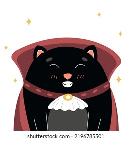 Cats On Halloween. Black Kitten In Dracula Vampire Costume, Cute Cat Celebrating Halloween, Halloween Costume, Ready Made Banner With Cat For Halloween