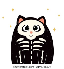  Cats on Halloween. A kitten in a skeleton costume, a cute cat is celebrating Halloween, a Halloween costume, a ready-made banner with a cat for Halloween