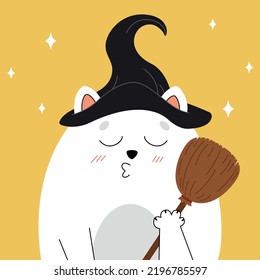  Cats on Halloween. A kitten in a witch hat, a cute cat is celebrating Halloween, a Halloween costume, a ready-made banner with a cat for Halloween