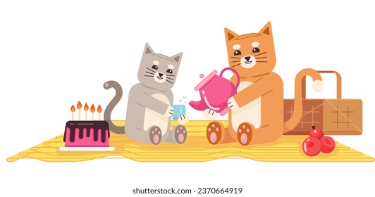 Cats on picnic flat concept vector spot illustration. Drinking tea. Celebrating birthday. Pets on blanket 2D cartoon characters on white for web UI design. Isolated editable creative hero image