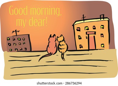 Cats on the roof, hand drawn, vector
