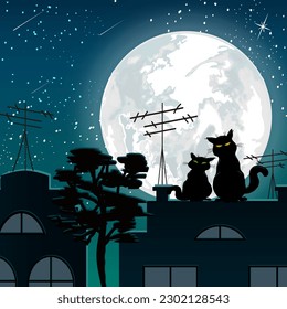 Cats on the roof of the house.Vector illustration with cats on the roof of the house against the background of the big moon.