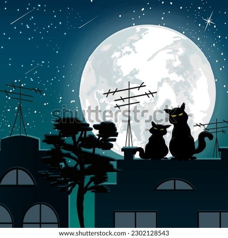 Cats on the roof of the house.Vector illustration with cats on the roof of the house against the background of the big moon.