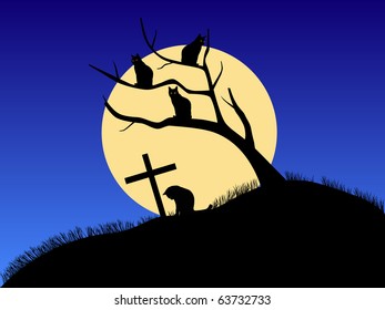 Cats on a tree against the moon