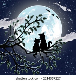 Cats on a tree branch.Vector illustration with cats on a tree branch and on the background of the moon.