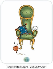 Cats on vintage furniture on a white background. A set of color, contour vector cliparts. Armchair, table, chest of drawers, window, ottoman.
