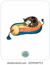 Cats on vintage furniture on a white background. A set of color, contour vector cliparts. Armchair, table, chest of drawers, window, ottoman.