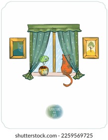 Cats on vintage furniture on a white background. A set of color, contour vector cliparts. Armchair, table, chest of drawers, window, ottoman.