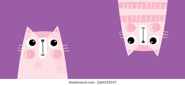 Cats on violet background. Poster or banner for website. Pink kittens, place for text and presentation. Design element for invitation and greeting postcard. Cartoon flat vector illustration