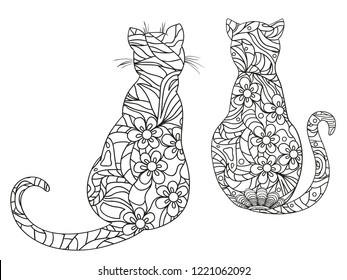 Cats on white. Zentangle. Hand drawn animals with abstract patterns on isolation background. Design for spiritual relaxation for adults. Black and white illustration for coloring