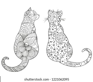 Cats on white. Zentangle. Hand drawn animals with abstract patterns on isolation background. Design for spiritual relaxation for adults. Black and white illustration for coloring