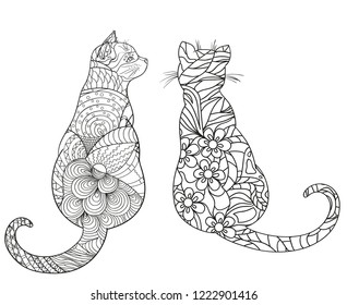 Cats on white. Zentangle. Hand drawn animals with abstract patterns on isolation background. Design for spiritual relaxation for adults. Black and white illustration for coloring