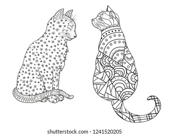 Cats on white. Zentangle. Hand drawn animals with abstract patterns on isolation background. Design for spiritual relaxation for adults. Black and white illustration for coloring