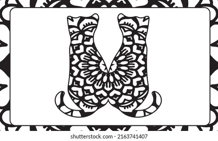 Cats on white. Zentangle. Hand drawn animals with abstract patterns on isolation background. Design for spiritual relaxation for adults. Black and white illustration for coloring