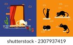 Cats on the windows of a brick house. The cat drops a houseplant on the street from the windowsill. A set with silhouettes of a horse-drawn tram during the day and at night. Cute vector illustration 
