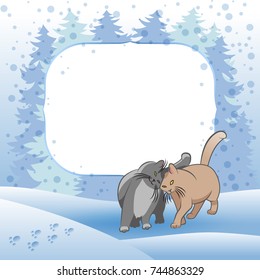 Cats on winter New Year's forest background. Christmas card with text frame for your text. Vector illustration.