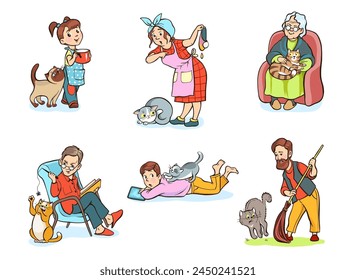 Cats with owners. Pets in different situations. People come into contact with animals. Girl playing with kitten. Grandmother feeding and taking care. Kitty mammal