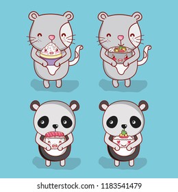 Cats and panda with food