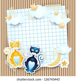 Cats and paper on cardboard, vector