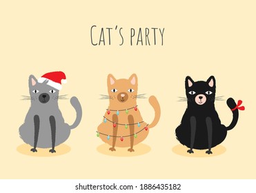 Cat's party illustration. Cute christmas cat character