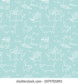 Cats pattern. Cat animal symbols set. Vector children kitten animals seamless background. Blue and white outline symbols backdrop.