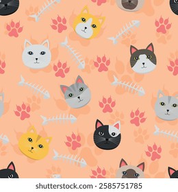 Cats Pattern - Cat Heads, Fish Skeletons and Paws on Pink Background. Seamless Link.