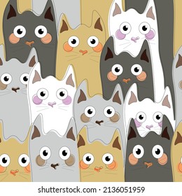 cats pattern funny and cute, funny colorful cats and kittens, pattern illustration, pets, animals pattern in vector