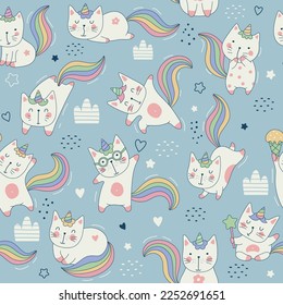 Cats pattern. Kawai animals illustrations for textile design projects recent vector seamless background