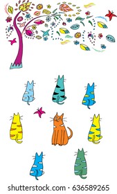 Cats pattern. Kittens catch butterfly support of a fairy tree.