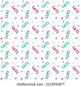 Patrón de gatos. Leer en azul, verde y rosa. El fondo veraniego es fluido. Diseño de tela natural dibujado a mano.