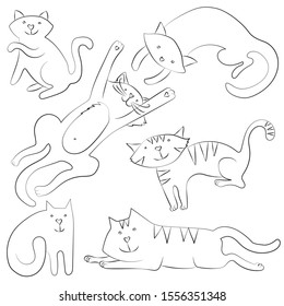 Cats pattern in line art style. Drawn cats in one line on a white background. funny and funny kittens. Playing kittens.