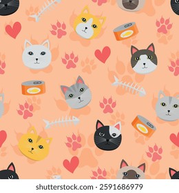 Cats Pattern - Messy Cat Heads, Sardine Cans, Fish Skeletons, Hearts and Paws. Seamless Link.