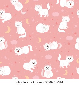 Cats pattern with moon, stars and clouds. Cute white cat character in cartoon style, vector illustration