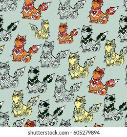 Cats pattern in native asian style. Vector