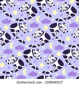 Cats pattern. Pet print for baby fabric, bed linen, blanket, sheet pillowcase, curtain. Delicate animal wallpaper. Seamless texture. Spotted pussies for infant textile. Gentle lilac nursery background
